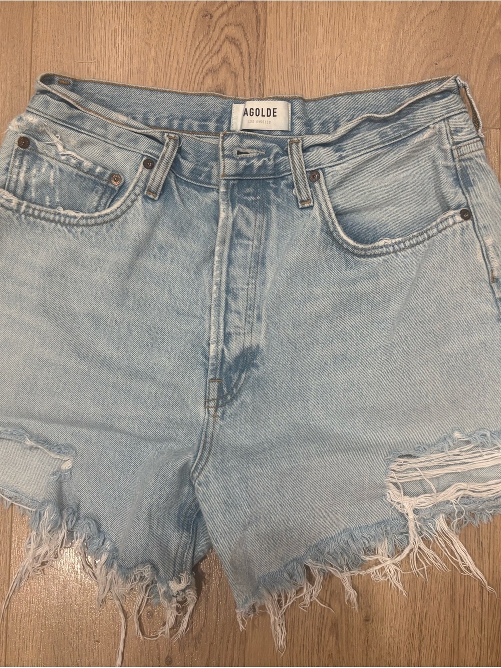 AGOLDE Light Blue Distressed Denim Shorts